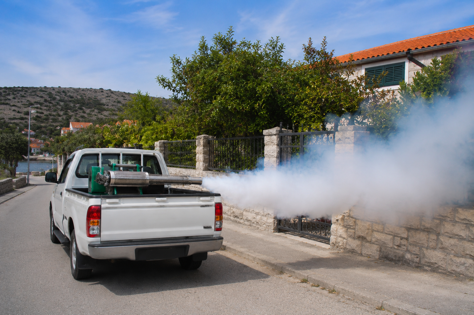 SUV vozilo s mlaznicom za hladno zaprašivanje komaraca ispuhuje smjesu